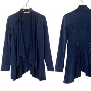 TESTIMONY LA Size S French Terry Ruffled Wrap Open Jacket Mineral Wash Blue